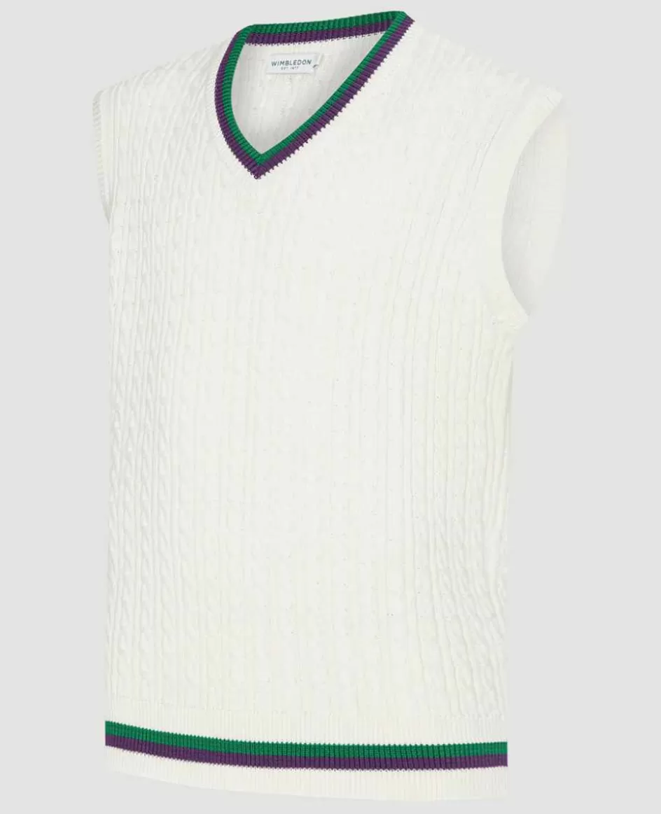 Wimbledon Mens Core Sleeveless Cable Knit - White